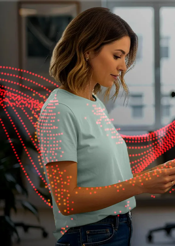 Woman standing in front of a Sharp MFP looking at a piece of paper